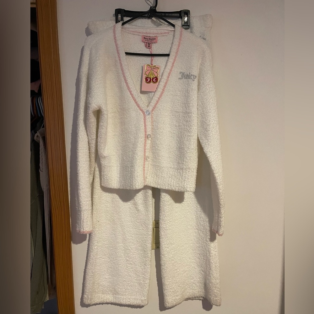 Juicy Couture White and Pink Fuzzy Cardigan and pants set